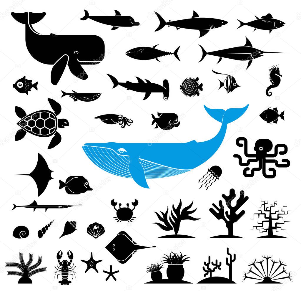 Large collection of geometrically stylized sea animal icons. 