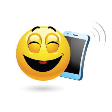Komik bir telefon konuşması yapan bir gülümsemenin vektör çizimi.