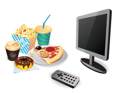 Illustration of TV screen with remote and large amount of fast food. Spending time watching television. clipart
