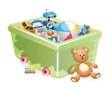 Çeşitli çocuk oyuncakları. Çocuklar için farklı oyuncaklar. Vektör çizimi. Çocuklar için oyuncak depolama.