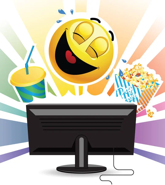 Smiley Ball Fernsehen Und Popcorn Essen — Stockvektor
