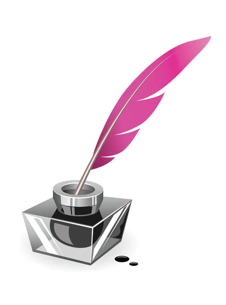 Vector Illustration Feather Quill Pen Standing Bottle Ink — Stock Vector