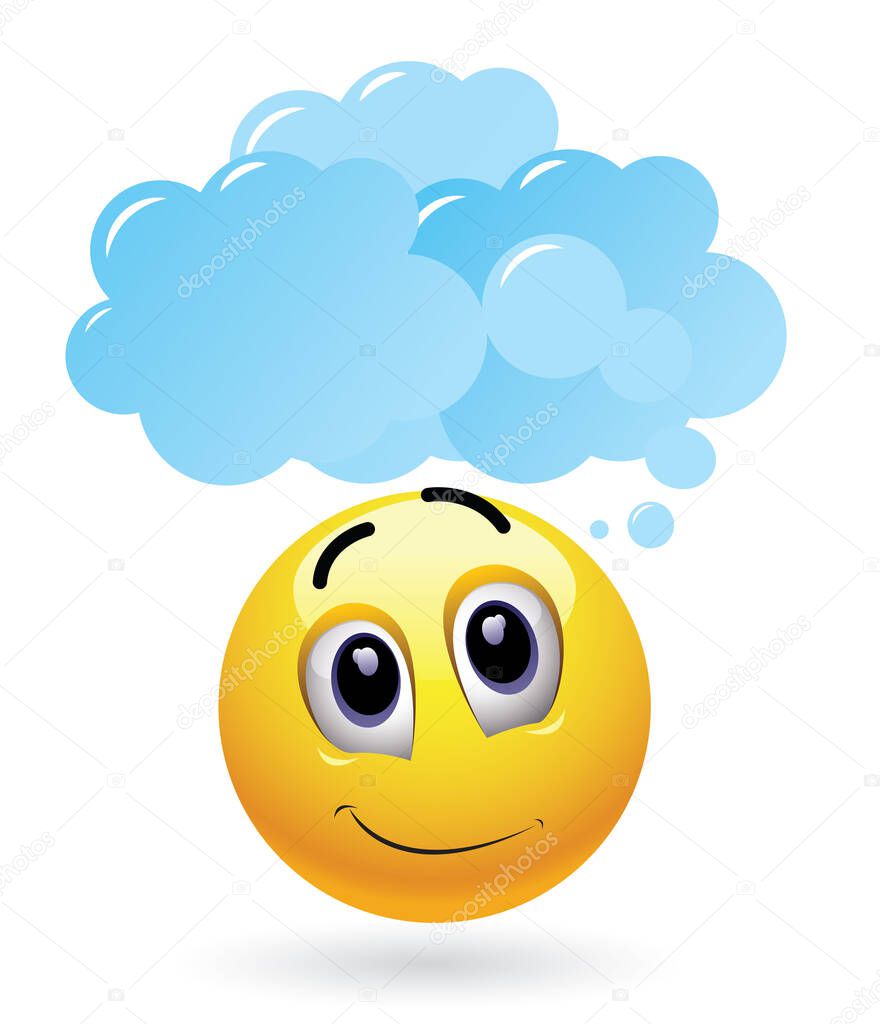 High quality vector illustration of thoughtful smiley with cloud above his head.
