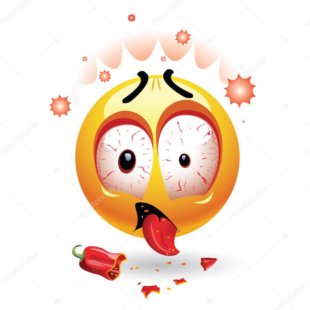 Smiley making funny faces while eating chili. Very hot chili pepper causing pain and fear with smiley who eats it. Humors vector illustration.