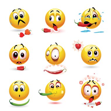Smiley acı biber yerken komik suratlar yapıyor. Çok acı kırmızı biber yiyen kişinin acı çekmesine ve korkmasına neden olur. Acı biber yarışması.