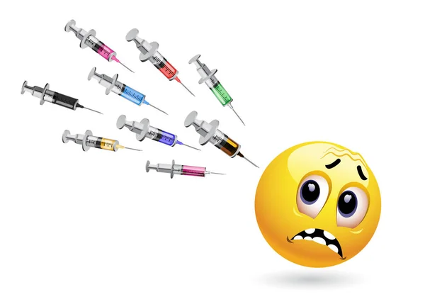 Smajlík Dívá Injekci Vyděšená Tvář Smajlíka Injekcí Vakcíny Mířící Němu — Stockový vektor