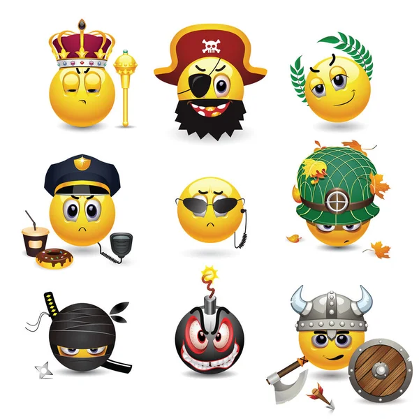 Vektor Szett Emoji Ikonok Öltözött Király Kalóz Caesar Rendőr Beépített — Stock Vector