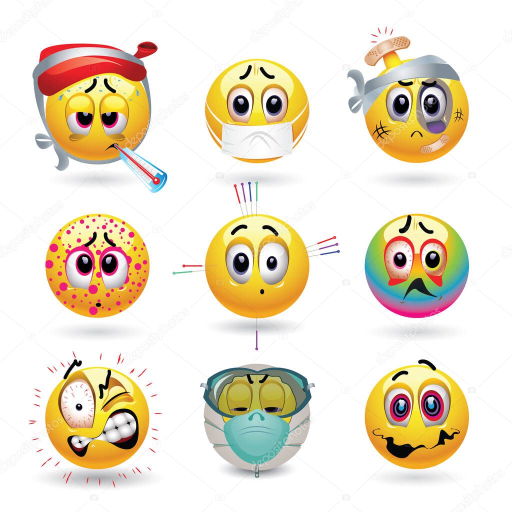 Smiley balls with various diseases. Illustration of emoticons with various medical ailments and symptoms.