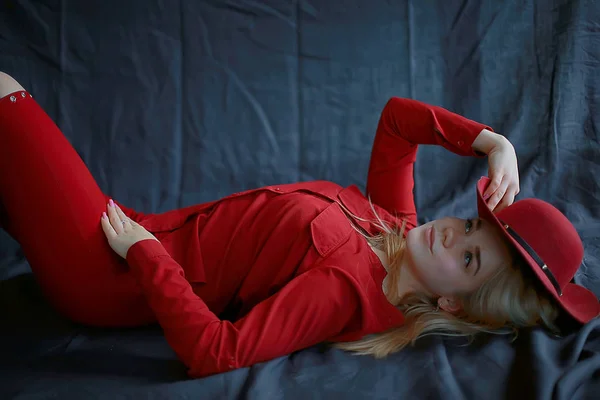 Attractive Young Blonde Woman Wearing Red Clothes Red Hat — Stock Photo, Image