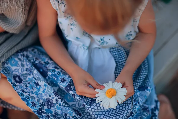 Mignonne Petite Fille Deviner Sur Fleur Camomille — Photo