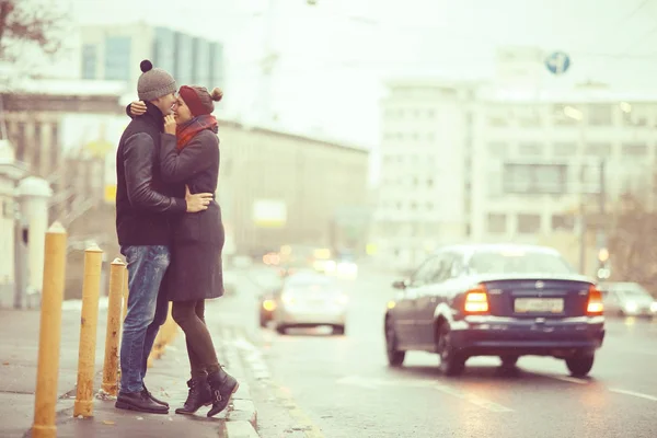 Young Man Woman Walking Winter City Romantic Happy Couple — Stock Photo, Image