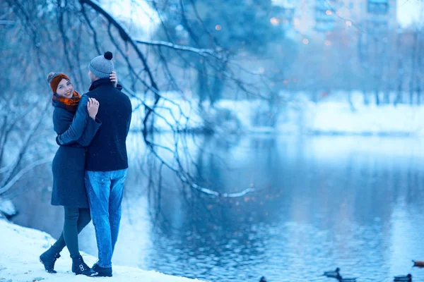 Young Man Woman Hugging Winter Park Romantic Happy Couple — Stock Photo, Image