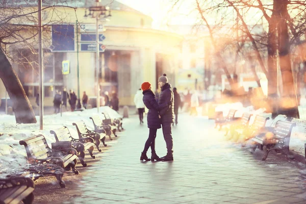 Young Man Woman Walking Winter City Romantic Happy Couple — Stock Photo, Image