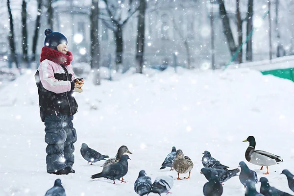 Kleines Mädchen Füttert Vögel Winterpark Konzept Der Pflege Familie Spaziergang — Stockfoto