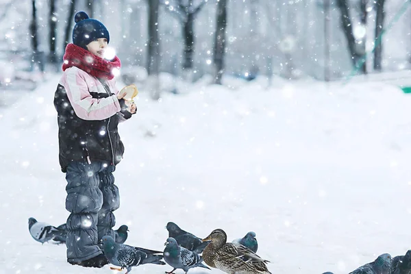 Little Girl Feeding Birds Winter Park Concept Caring Family Walk — Stock Photo, Image