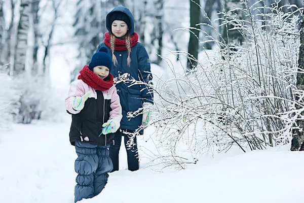 Dwie Małe Dziewczynki Gry Śniegu Winter Park Koncepcja Dzieciństwa Przyjaźń — Zdjęcie stockowe