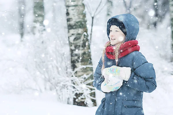 Sevimli Küçük Kız Parkta Karlı Kış Sıcak Giysiler Içinde Bir — Stok fotoğraf