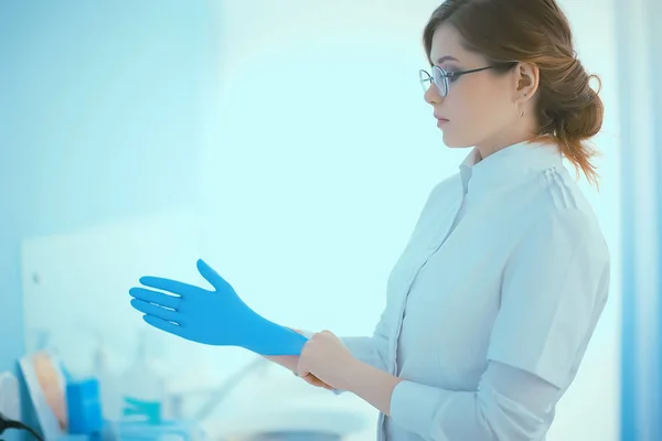 Doctor Putting Rubber Gloves Concept Sterility Purity Medical Clinic Laboratory — Stock Photo, Image