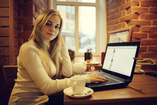 young woman working on laptop in cafe, concept of remote work, training, student preparing for exams, girl with gadget in restaurant