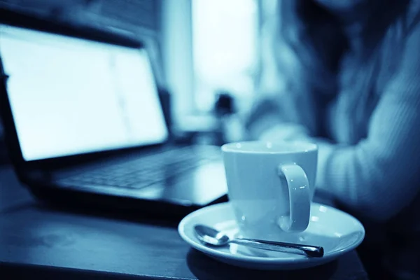 Young Woman Working Laptop Cafe Concept Remote Work Training Student — Stock Photo, Image