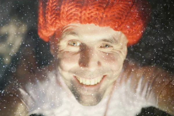 Portrait Cheerful Happy Man Brutal Man Wearing Red Knitted Cap — Stock Photo, Image