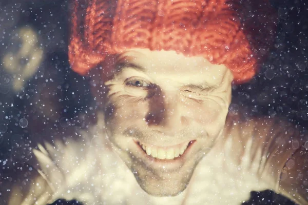 Portrait Cheerful Happy Man Brutal Man Wearing Red Knitted Cap — Stock Photo, Image