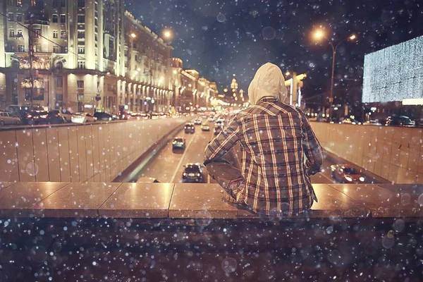 Urban Ensam Kille Koncept Road Stress Man Och Natt Stadens — Stockfoto