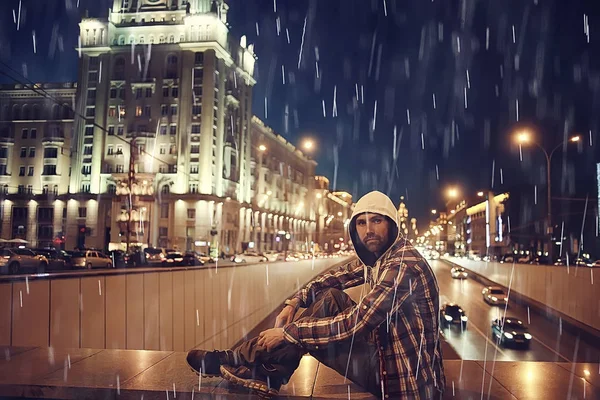 Man Night City Lights Urban Lonely Guy Concept Stress Road — Stock Photo, Image