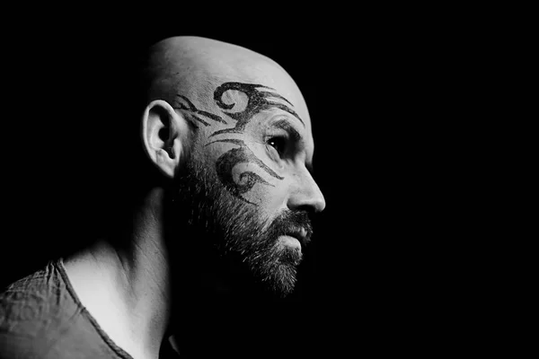 Portrait Brutal Bearded Man Tattoo Face — Stock Photo, Image