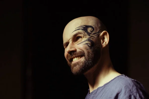 Portrait Brutal Bearded Man Tattoo Face — Stock Photo, Image