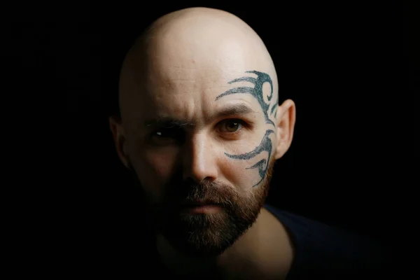 Portrait Brutal Bearded Man Tattoo Face — Stock Photo, Image