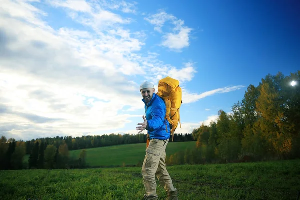 Brutal Man Backpack Tourist Hike Concept Active Recreation Guy Equipment — Stock Photo, Image