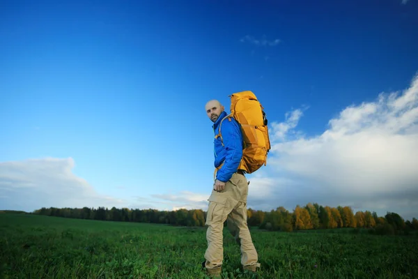 Brutal Man Backpack Tourist Hike Concept Active Recreation Guy Equipment — Stock Photo, Image