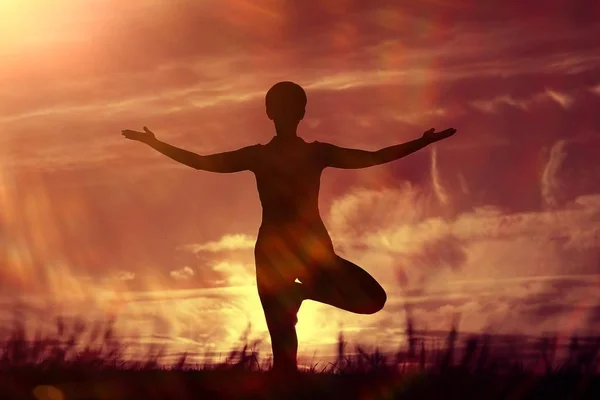 Silueta Mujer Joven Haciendo Yoga Césped Verano Atardecer —  Fotos de Stock