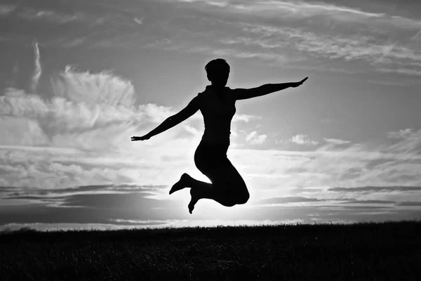 Silhouette Young Woman Jumping Outdoor Sunset Sky Concept Happiness — Stock Photo, Image