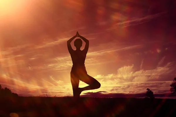 Silueta Mujer Joven Haciendo Yoga Césped Verano Atardecer —  Fotos de Stock