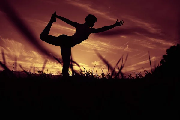 剪影的年轻女子做瑜伽在夏季草坪日落 — 图库照片