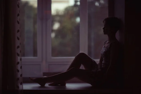 Portrait Dreamy Young Woman Sitting Windowsill Home — Stock Photo, Image