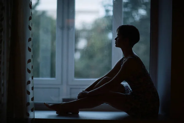 Portrait Dreamy Young Woman Sitting Windowsill Home — Stock Photo, Image