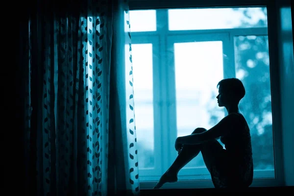 Portrait Dreamy Young Woman Sitting Windowsill Home — Stock Photo, Image