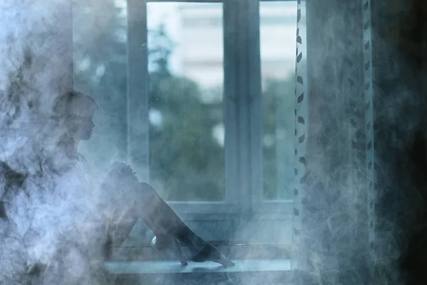 Portrait Dreamy Young Woman Sitting Windowsill Home — Stock Photo, Image