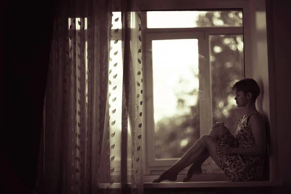 Portrait Dreamy Young Woman Sitting Windowsill Home — Stock Photo, Image