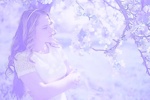 Portrait Jeune Belle Femme Dans Parc Fleuri Printemps Fleur Pomme — Photo