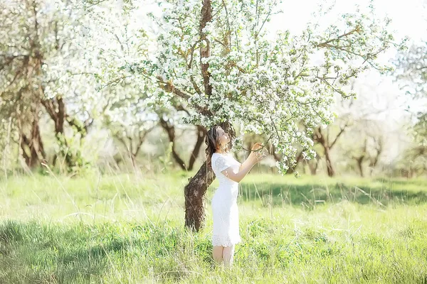 Retrato Jovem Mulher Bonita Parque Florescendo Primavera Flor Maçã — Fotografia de Stock