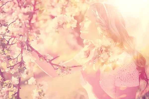 Portrait Jeune Belle Femme Dans Parc Fleuri Printemps Fleur Pomme — Photo