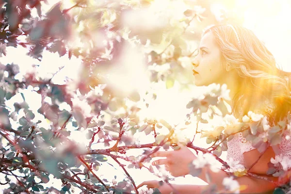 Portret Van Jonge Mooie Vrouw Een Voorjaar Bloeiende Park Apple — Stockfoto