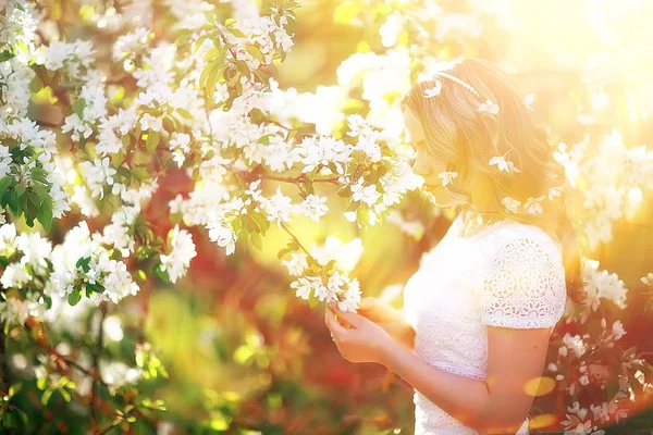 Bir Bahar Çiçek Açan Park Elma Çiçeği Genç Güzel Kadın — Stok fotoğraf