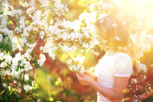 Portret Młodej Kobiety Piękne Parku Kwitnące Wiosną Apple Blossom — Zdjęcie stockowe