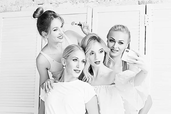 Four Young Beautiful Women Professional Make Posing Studio — Stock Photo, Image