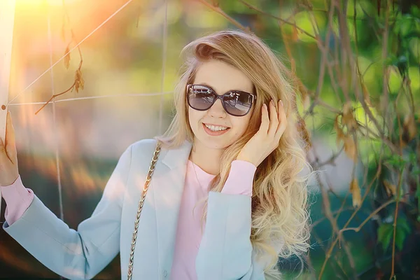 Beautiful Blonde Woman Wearing Stylish Blue Coat Park — Stock Photo, Image